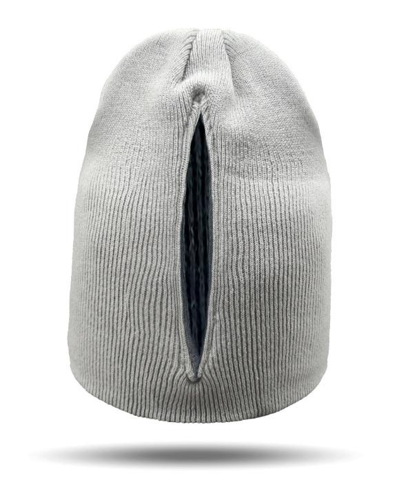Ribbed Knit Ponytail Beanie with Back Opening - Grey