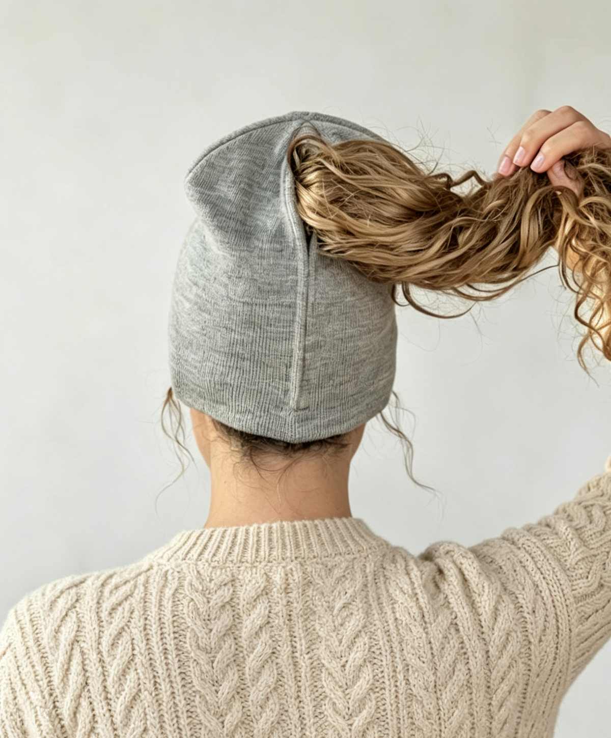 Ribbed Knit Ponytail Beanie with Back Opening - Grey - 4