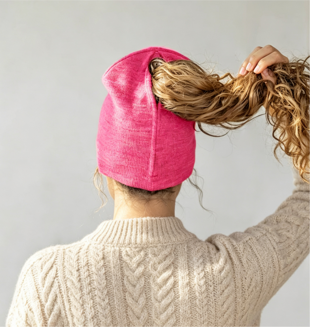 Ribbed Knit Ponytail Beanie with Back Opening - Rose_Red