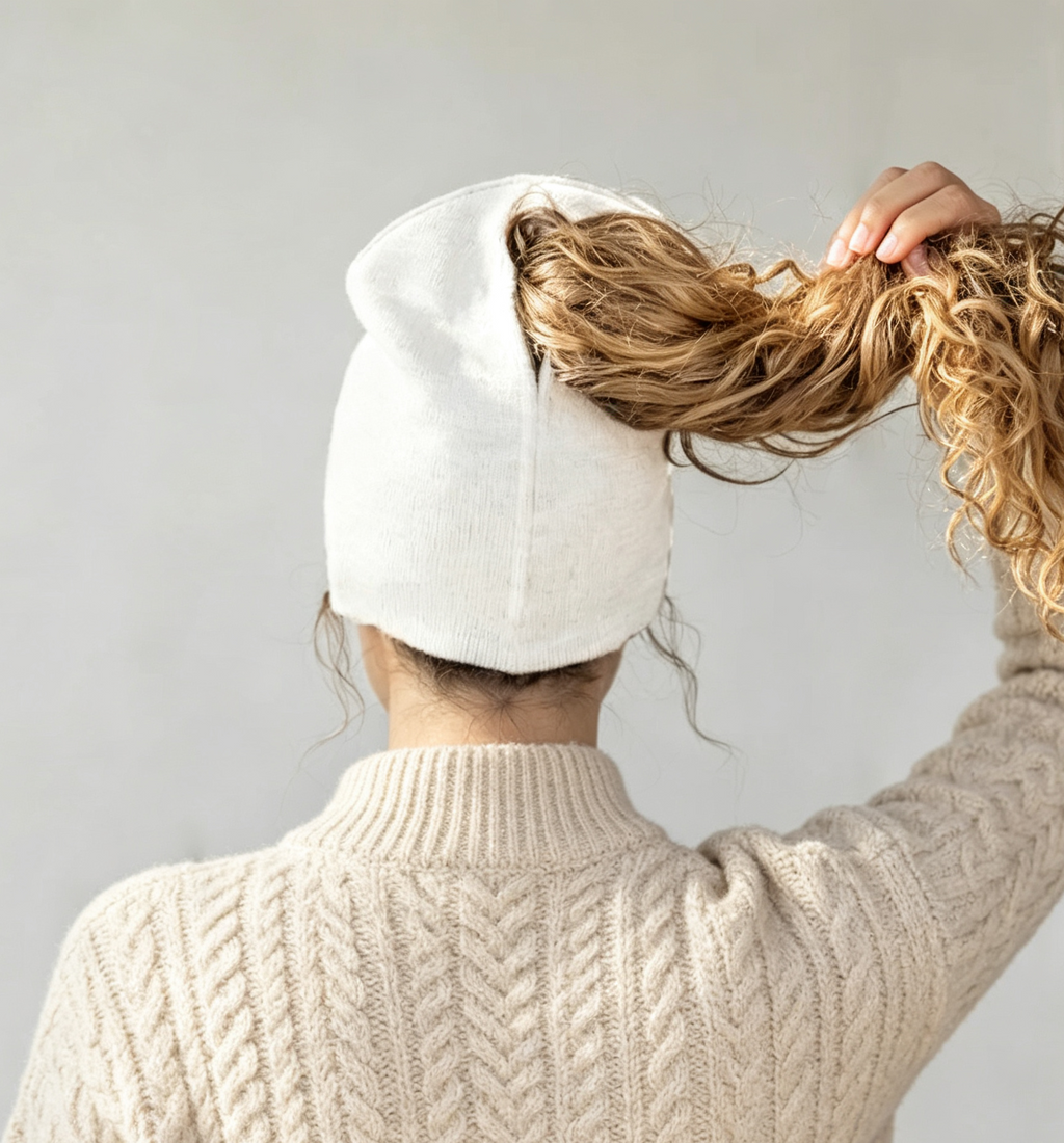 Ribbed Knit Ponytail Beanie with Back Opening - White - 1