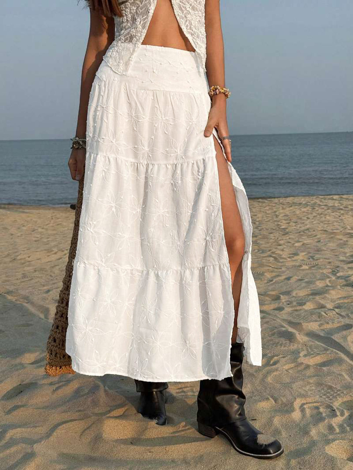 Embroidered Tiered High Waist Maxi Skirt - White