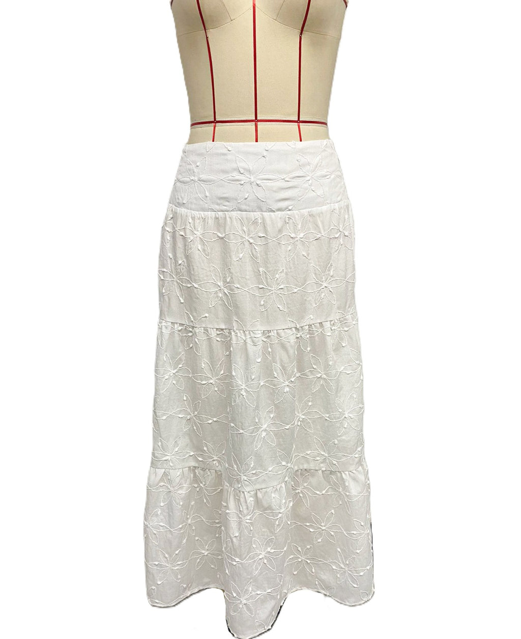 Embroidered Tiered High Waist Maxi Skirt - White - 1