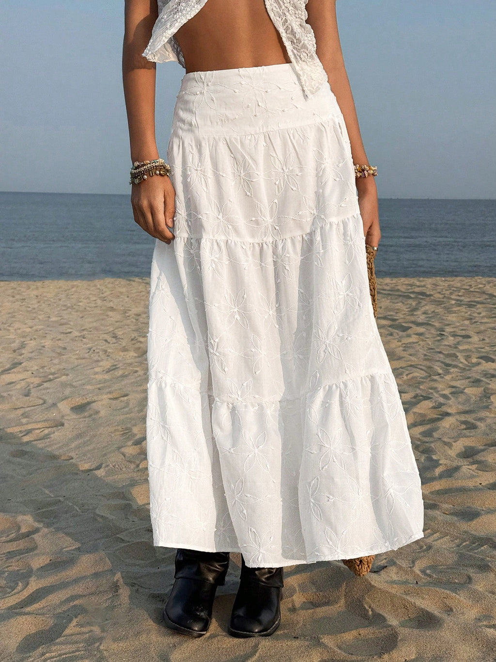 Embroidered Tiered High Waist Maxi Skirt - White - 3