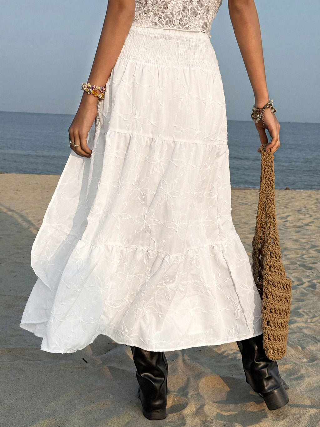 Embroidered Tiered High Waist Maxi Skirt - White - 4