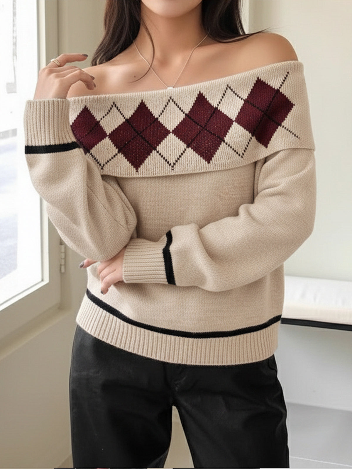 Argyle Off Shoulder Foldover Knit Sweater - Khaki