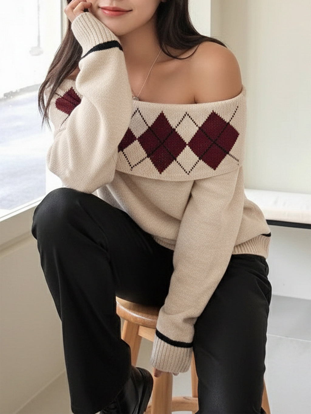 Argyle Off Shoulder Foldover Knit Sweater - Khaki - 1