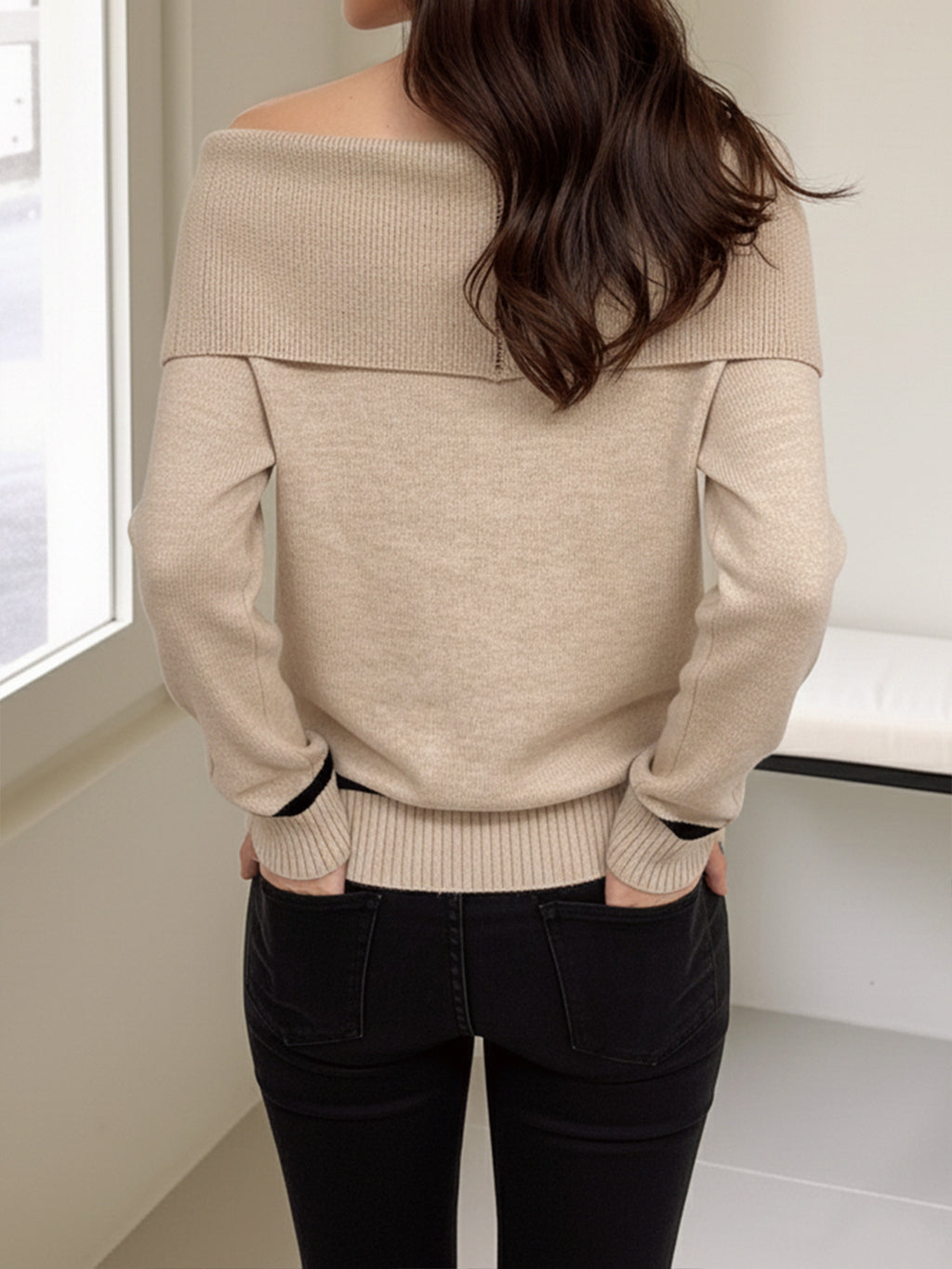 Argyle Off Shoulder Foldover Knit Sweater - Khaki - 2