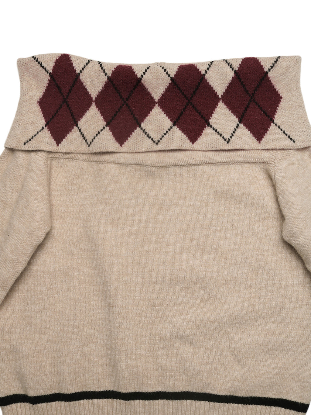 Argyle Off Shoulder Foldover Knit Sweater - Khaki - 3