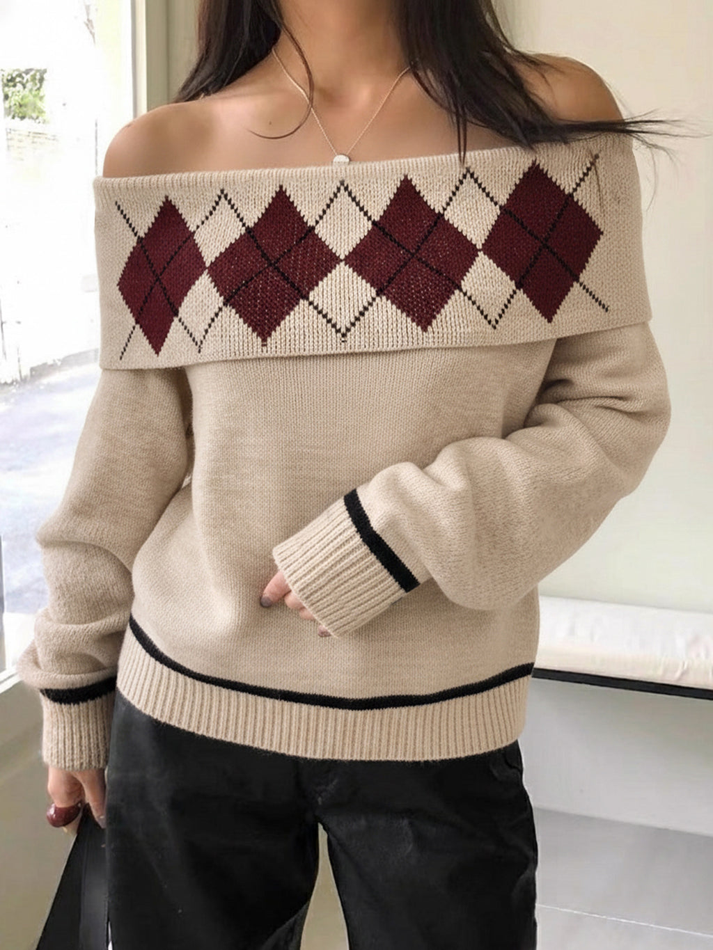 Argyle Off Shoulder Foldover Knit Sweater