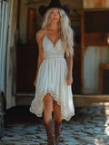 Western Lace Hem V Neck Swing Midi Dress - white
