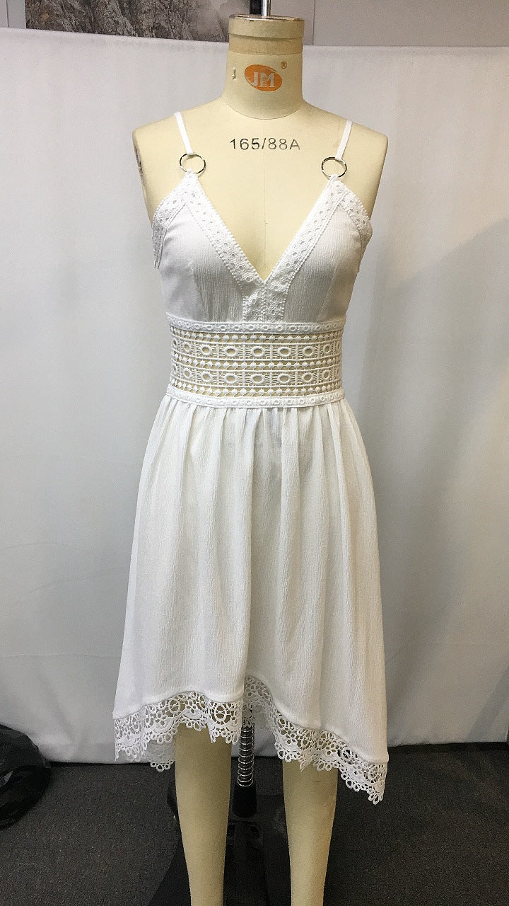 Western Lace Hem V Neck Swing Midi Dress - white - 1