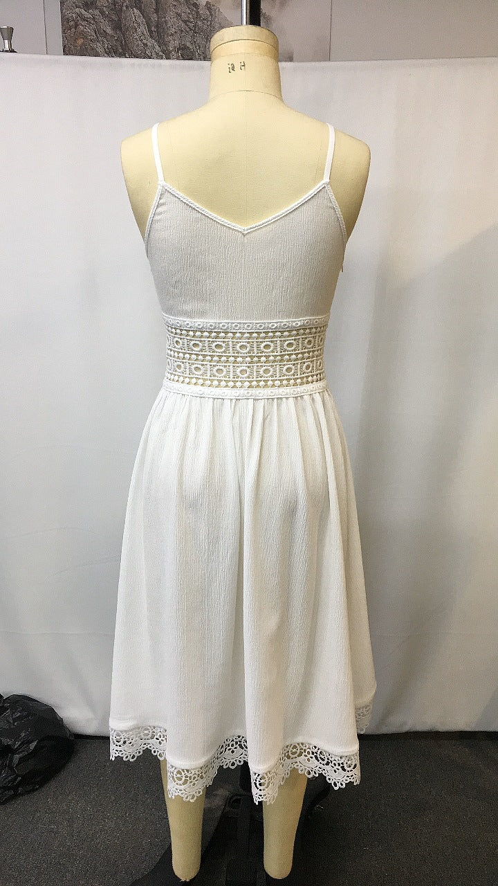 Western Lace Hem V Neck Swing Midi Dress - white - 2