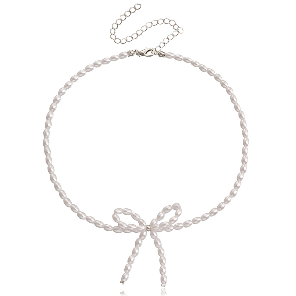 Pearl Bow Choker Necklace - White