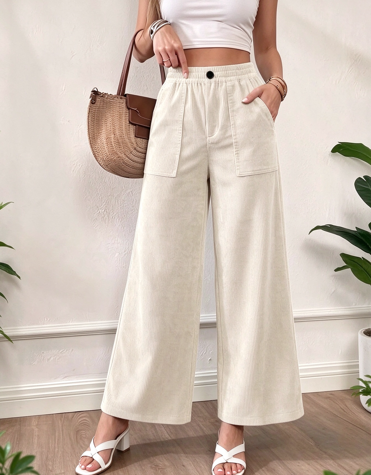 Corduroy Patch Pocket High Waist Wide Leg Pants - Apricot