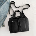 Drawstring Nylon Bucket Bag with Crossbody Strap - Black
