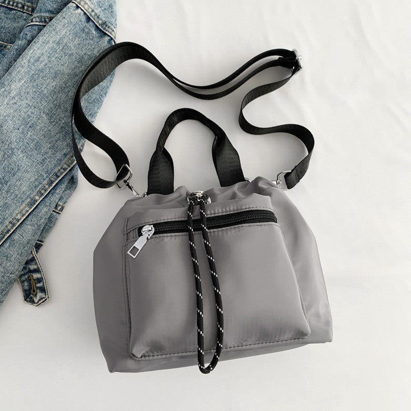 Drawstring Nylon Bucket Bag with Crossbody Strap - Gray