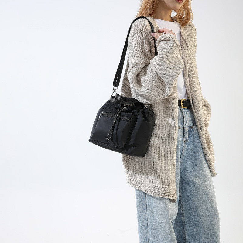 Drawstring Nylon Bucket Bag with Crossbody Strap