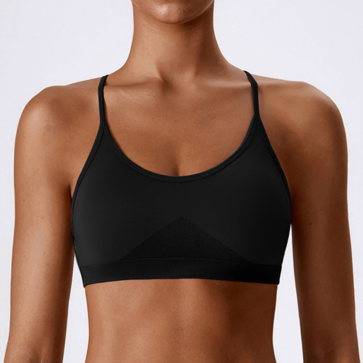 Seamless Strappy Criss-Cross Back Workout Sports Bra - Black