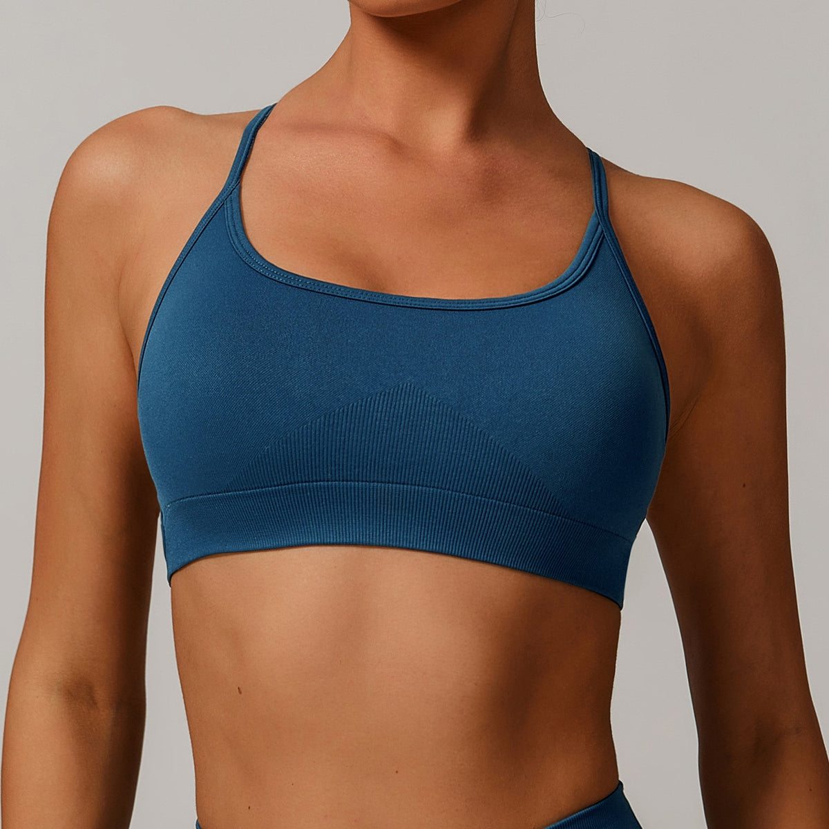Seamless Strappy Criss-Cross Back Workout Sports Bra - Deep Blue