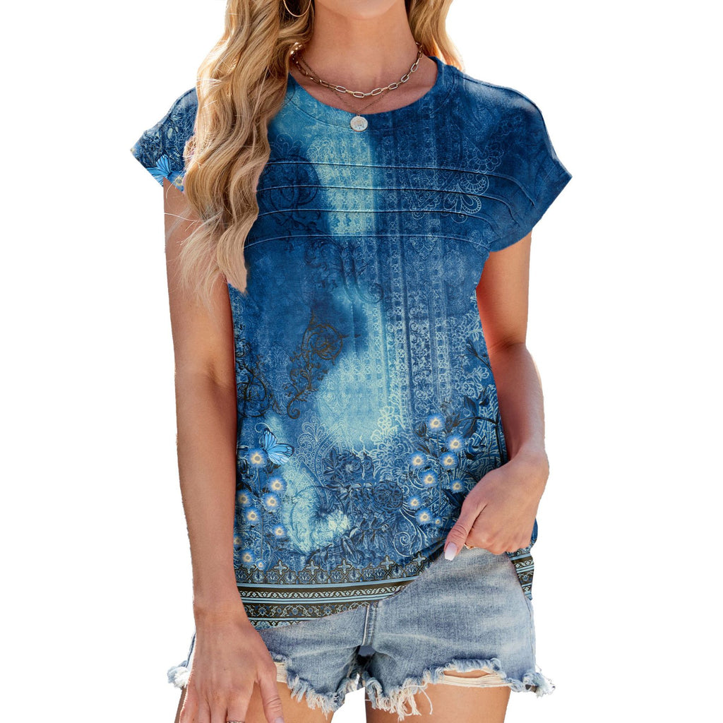 Printed Cap Sleeve Pleated Tee - Color_2