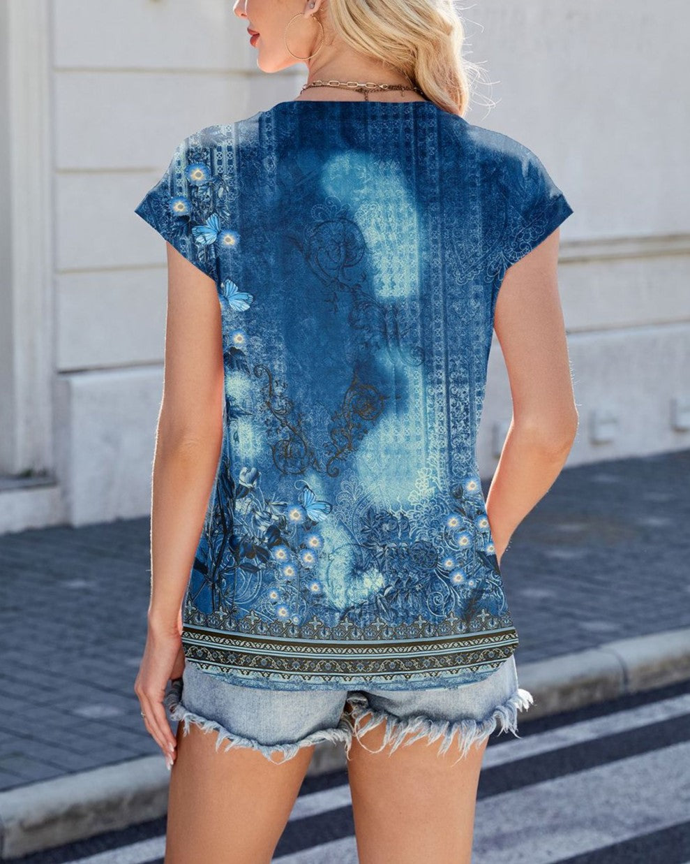 Printed Cap Sleeve Pleated Tee - Color_2 - 3
