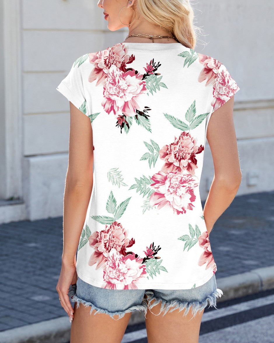 Printed Cap Sleeve Pleated Tee - Color_6 - 2