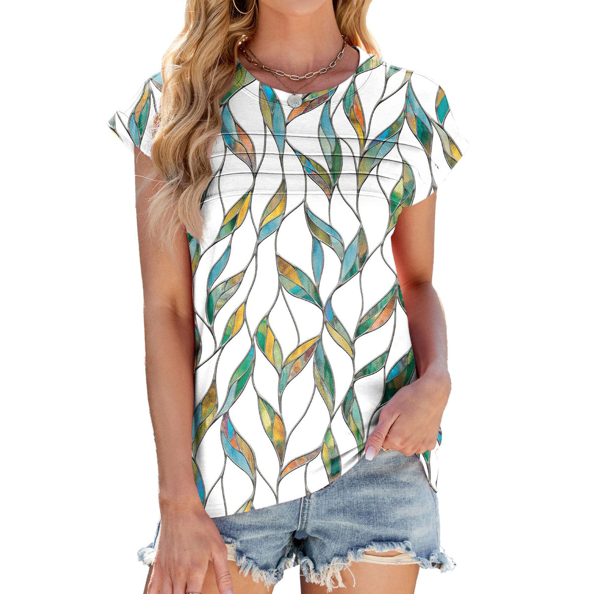 Printed Cap Sleeve Pleated Tee - Color_8