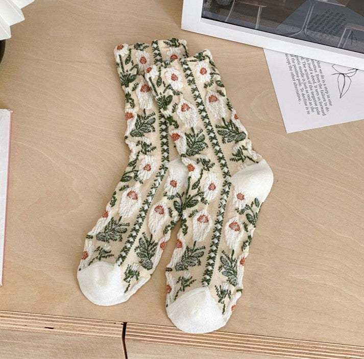 Embossed Vintage Floral Crew Socks - Yellow