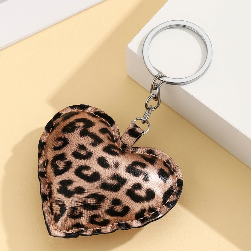 Animal Print Puffy Heart Charm Keychain - Gold