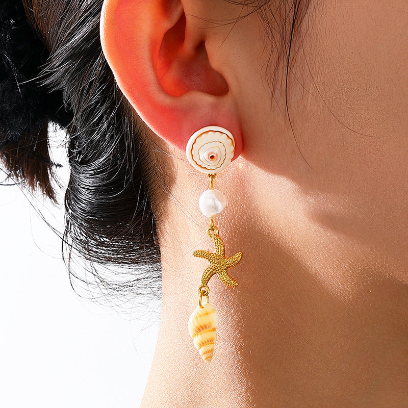 Starfish Shell Pearl Drop Earrings - Gold