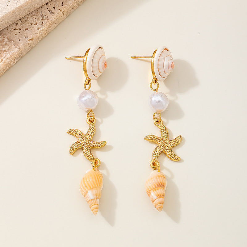 Starfish Shell Pearl Drop Earrings