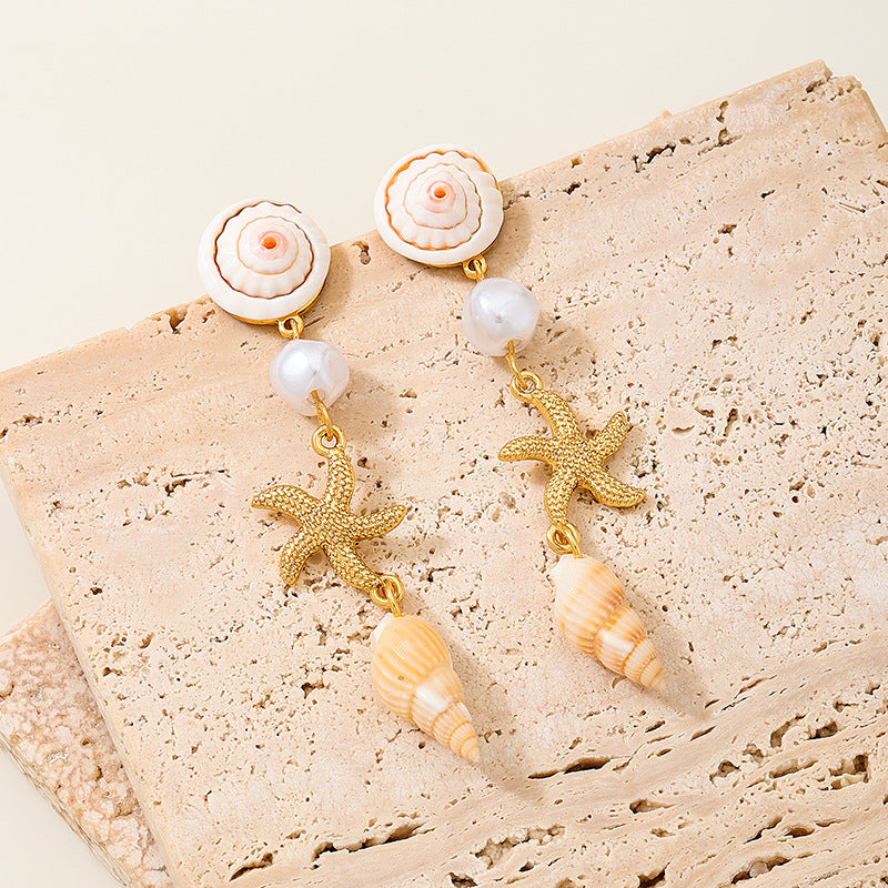 Starfish Shell Pearl Drop Earrings - view 1