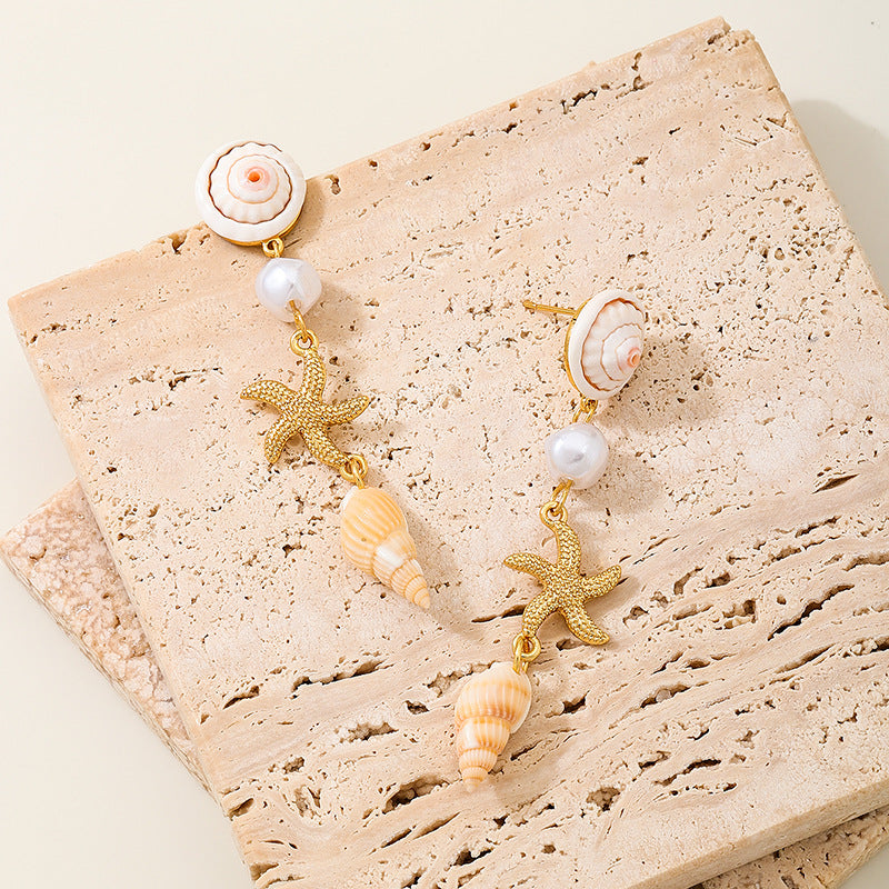 Starfish Shell Pearl Drop Earrings - view 2