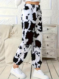 Cow Print Plush Cuffed Jogger Pants - White
