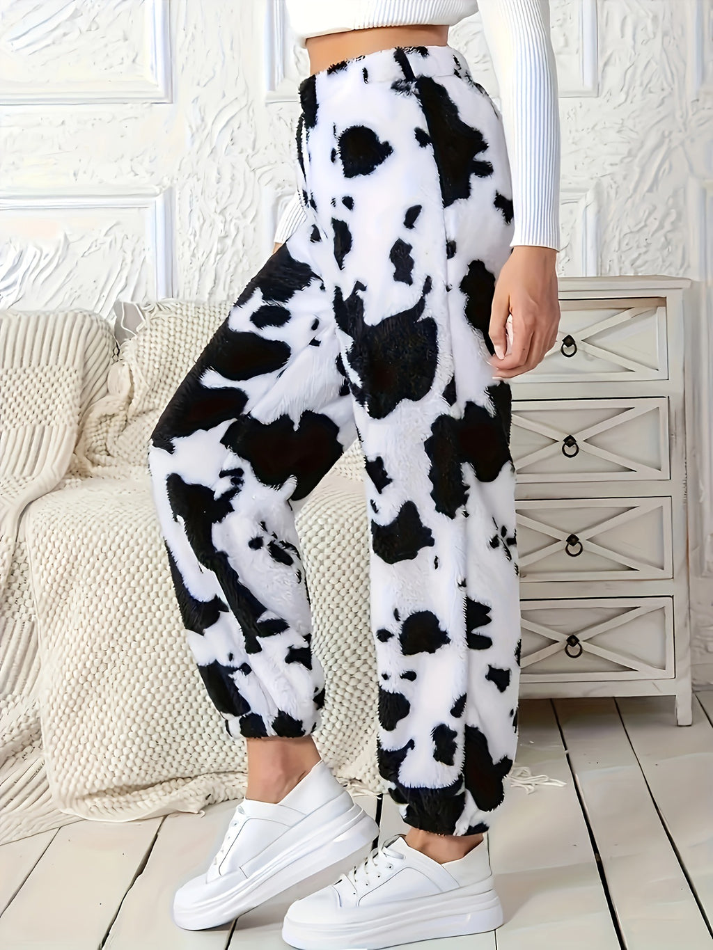 Cow Print Plush Cuffed Jogger Pants - White - 1