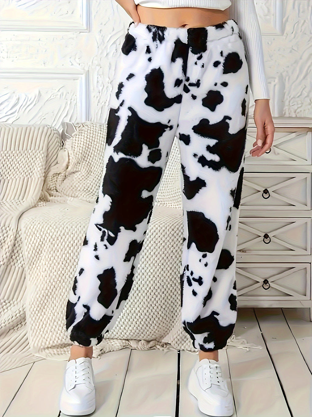 Cow Print Plush Cuffed Jogger Pants
