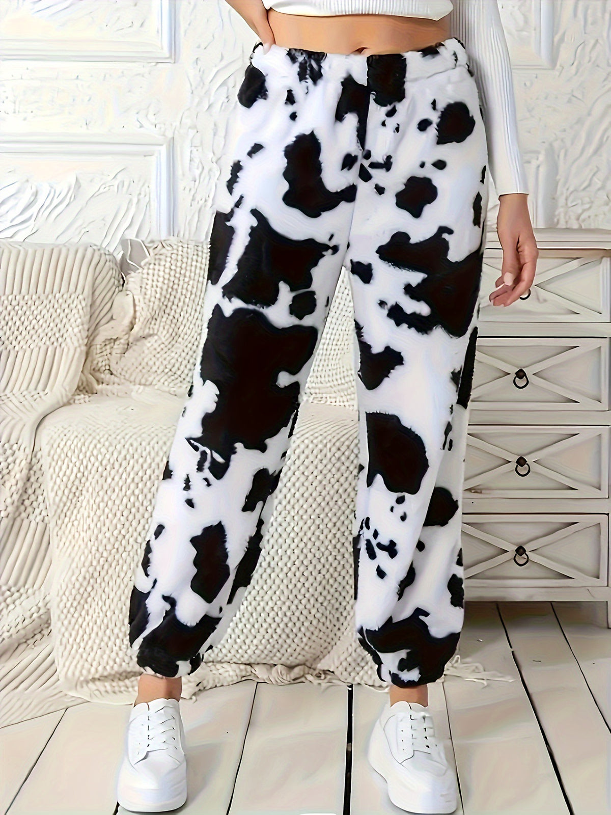 Cow Print Plush Cuffed Jogger Pants