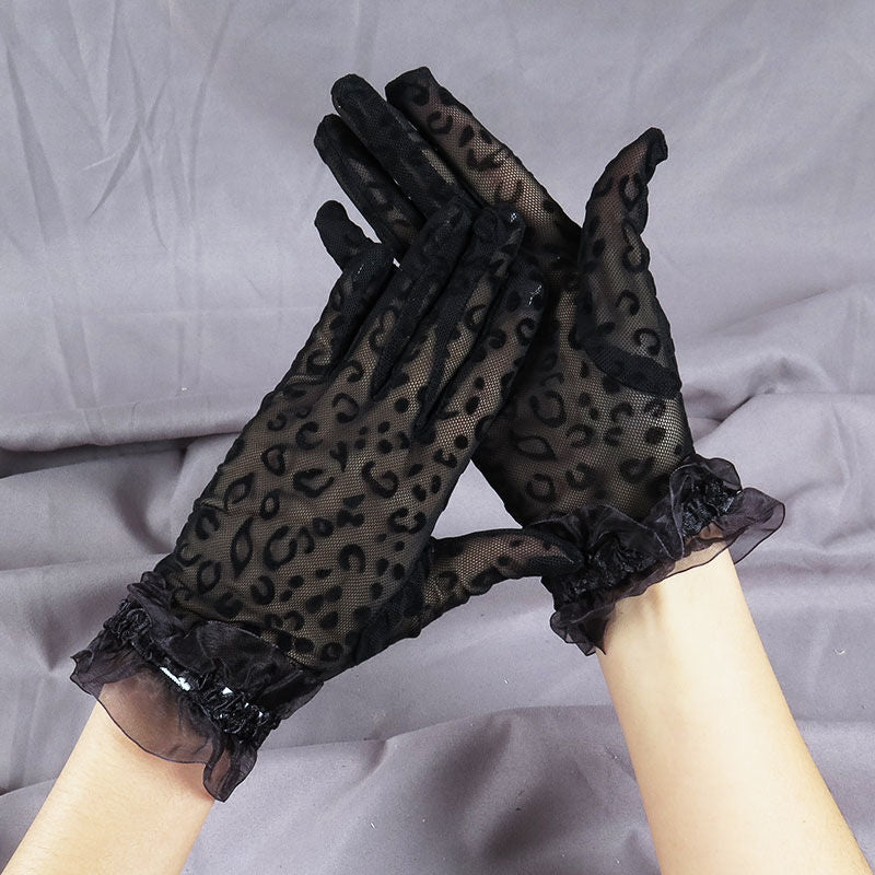 Sheer Leopard Ruffle Cuff Gloves - Black