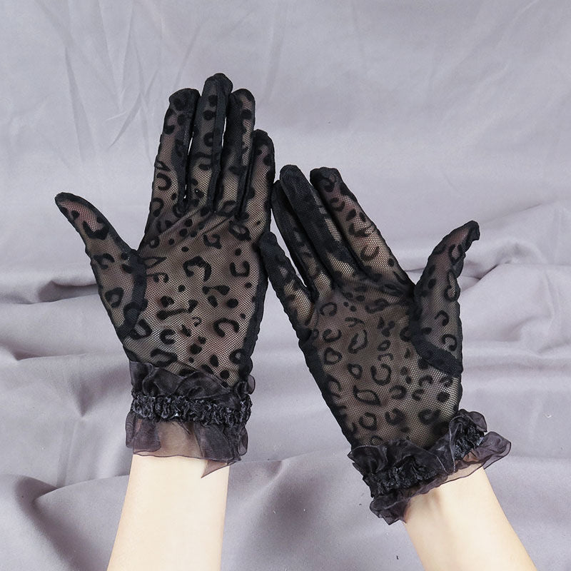 Sheer Leopard Ruffle Cuff Gloves - Black - 1