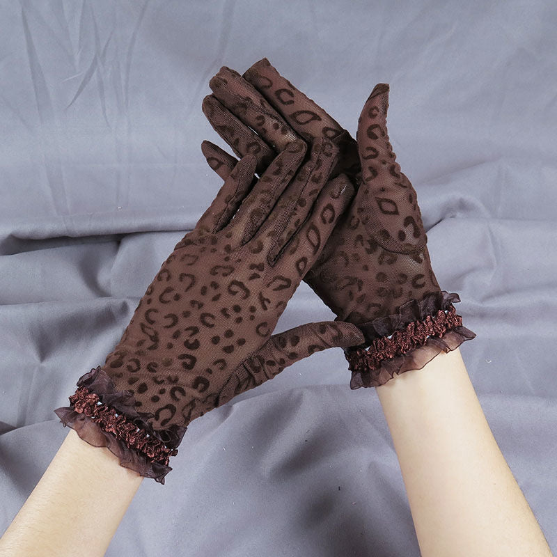 Sheer Leopard Ruffle Cuff Gloves - Coffee