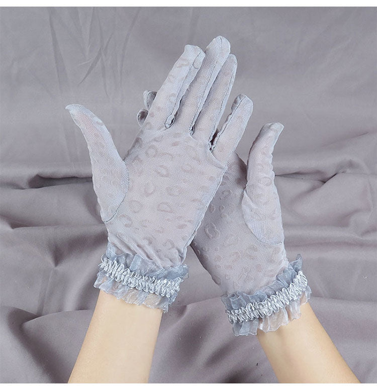 Sheer Leopard Ruffle Cuff Gloves - Grey - 1