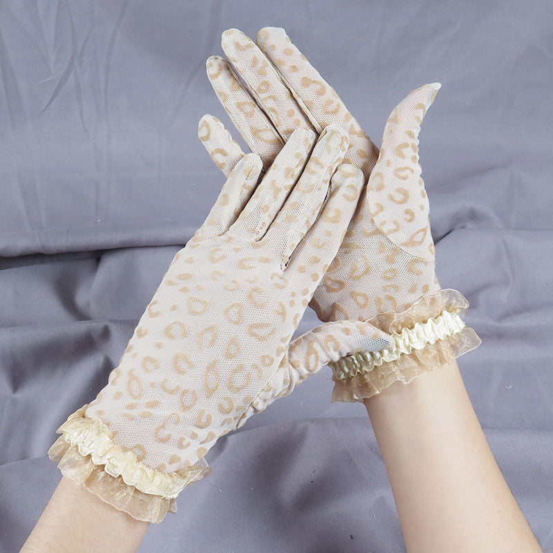 Sheer Leopard Ruffle Cuff Gloves - Khaki