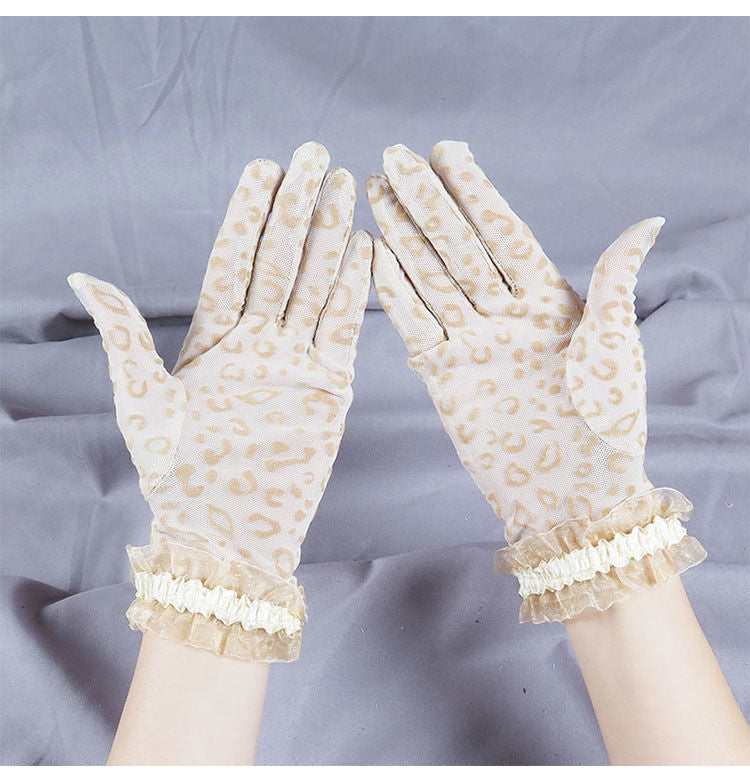 Sheer Leopard Ruffle Cuff Gloves - Khaki - 1