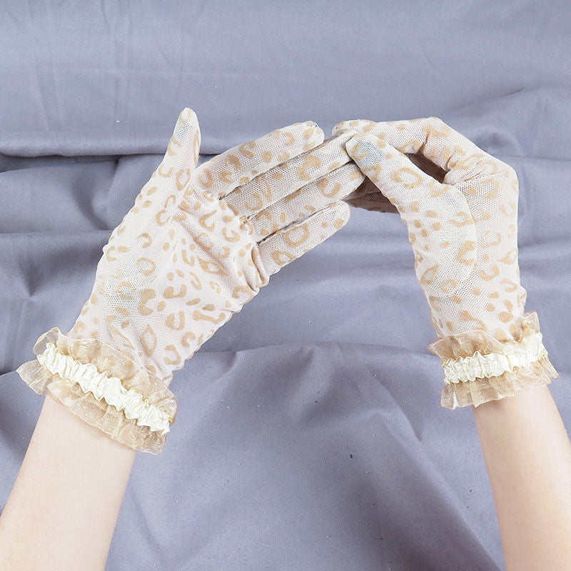 Sheer Leopard Ruffle Cuff Gloves - Khaki - 2