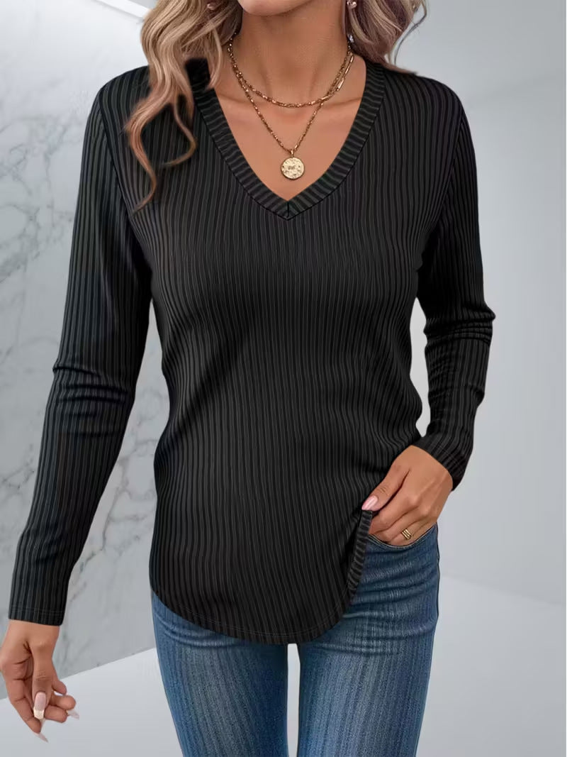 Ribbed Knit V Neck Long Sleeve Tee - Black - 1
