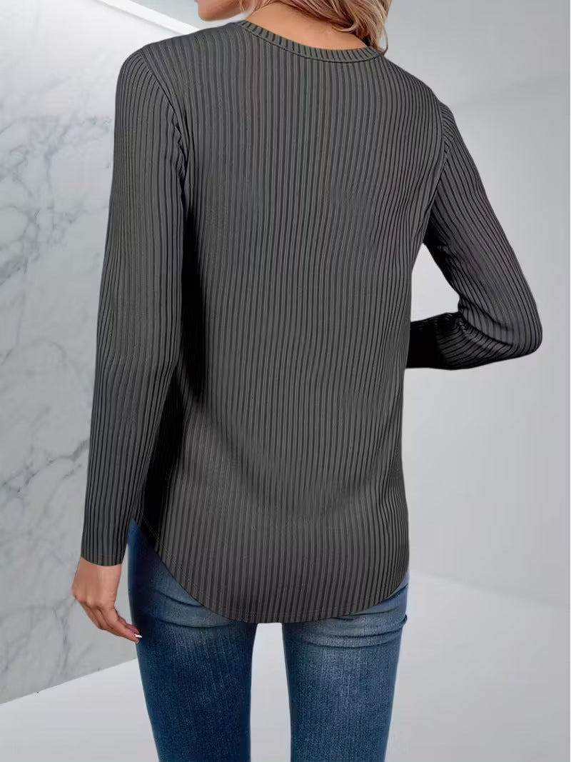 Ribbed Knit V Neck Long Sleeve Tee - Grey - 2
