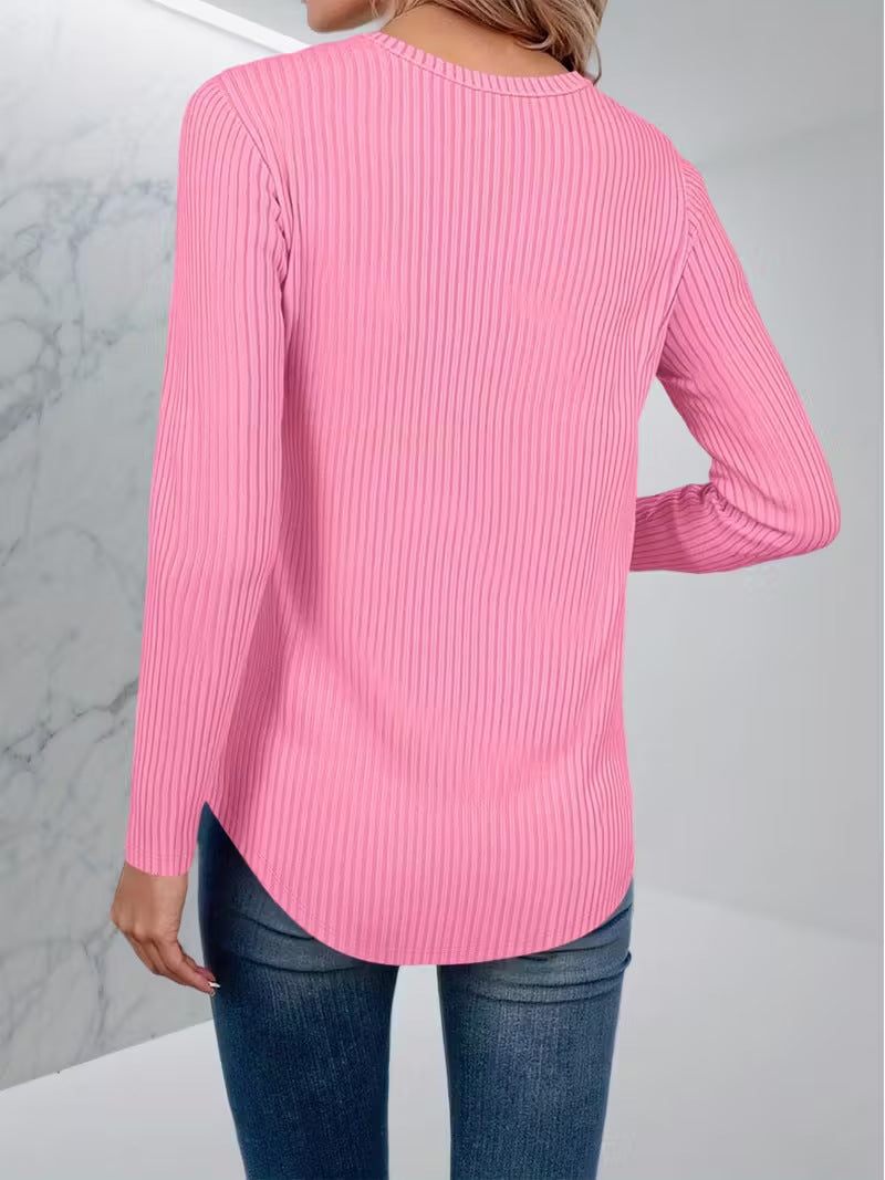 Ribbed Knit V Neck Long Sleeve Tee - Pink - 2