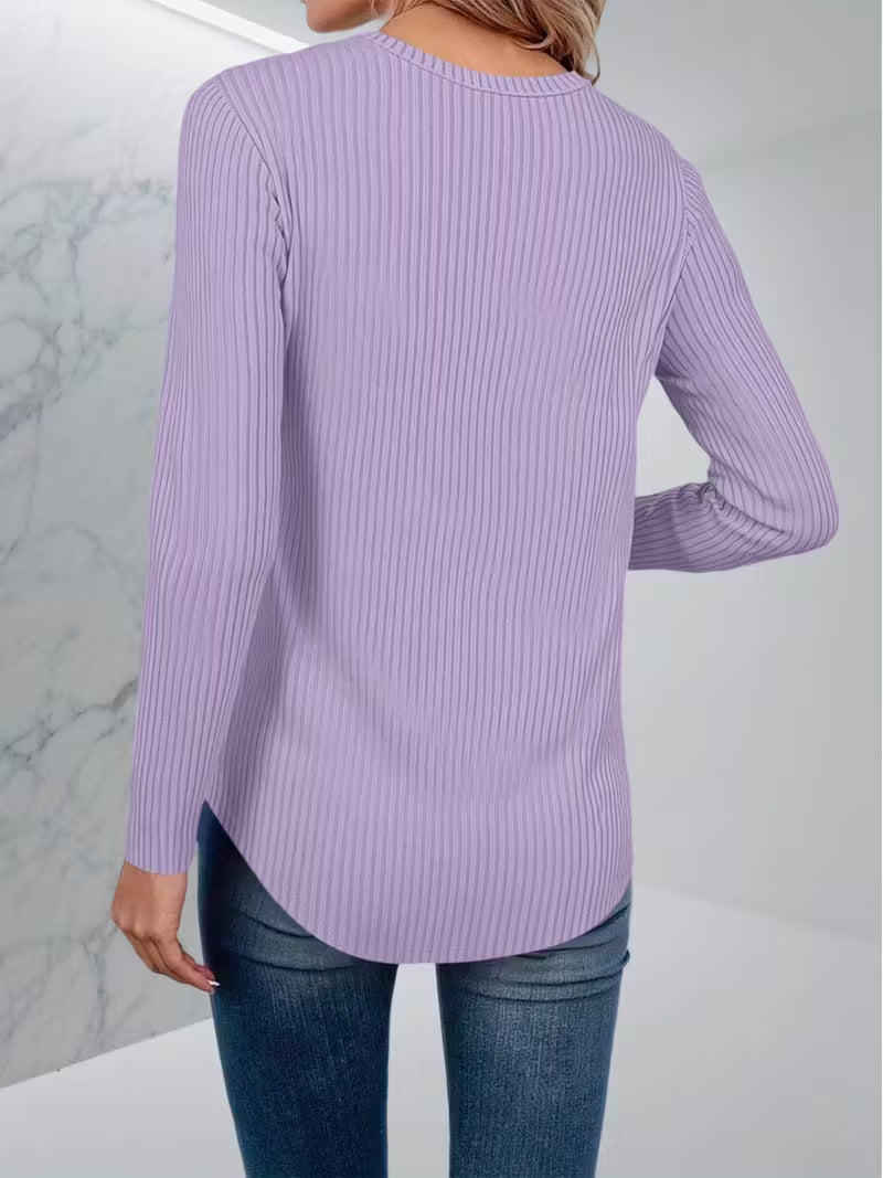 Ribbed Knit V Neck Long Sleeve Tee - Purple - 2