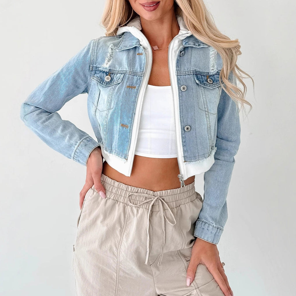 Cropped Hooded Denim Jacket With Ribbed Hem - Blue