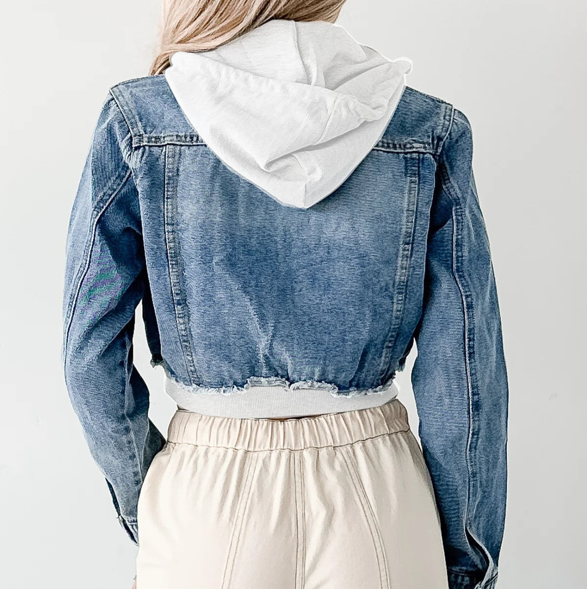 Cropped Hooded Denim Jacket With Ribbed Hem - D-Blue - 1